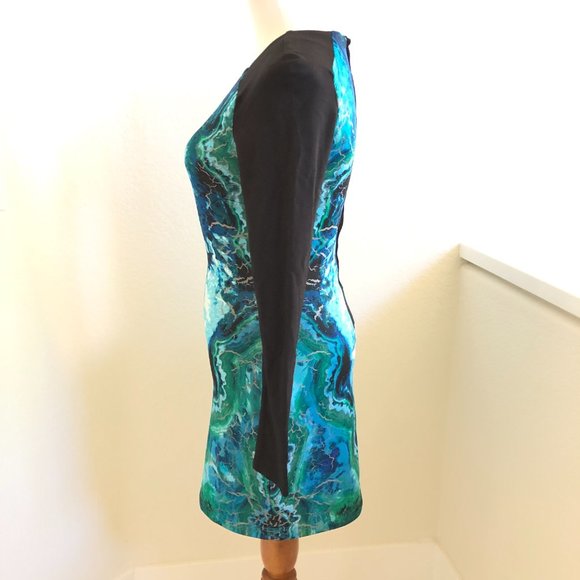 Bebe Women Blue Black Color block Long Sleeve Body cone Dress size XS Stretch AS - Picture 3 of 13